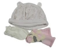 3set - Světlerůžová sametová čepice se zvířaty + smetanové rukavičky + růžovo-krémové ponožky se srdíčky