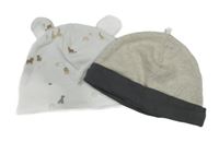 2x bavlněná čepice - biela so zvířaty + béžová melírovaná