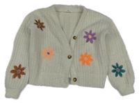 Smotanový chlpatý prepínaci oversize sveter s výšivkami květin M&S