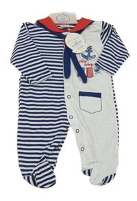 Nové - 2set - Bílo-tmavomodrý overal s kotvou a pruhy + šátek