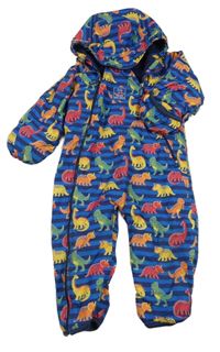 Tmavomodro-modrá pruhovaná šusťáková zateplená kombinéza s dinosaury a kapucí Jojo Maman Bébé