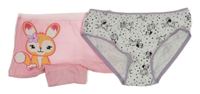 2x kalhotky - bílé puntíkaté s dalmatiny + růžové s králikom