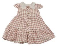 Starorůžovo-biele kockované prepínaci šaty s golierikom s madeirou