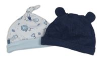 2x bavlněná čepice - bílá se zvířaty + tmavomodrá s oušky
