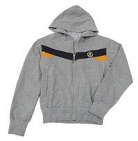 Šedo-černo-okrová propínací mikina s výšivkou a kapucí
