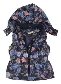 Tmavomodrá kvetovaná šušťáková zateplená vesta s kapucňou H&M