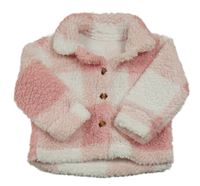 Ružovo-biela kockovaná huňatá košeľová bunda