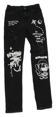 Černé skinny rifle s bílým potiskem Shein