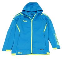 Tyrkysová sportovní funkční propínací mikina s logem a kapucí jako