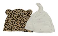 2x čepice - béžovo-černá leopardí + bílá s hvězdičkami 