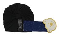 2 set - černá bavlněná turbanová čepice + tmavomodrá čelenka 