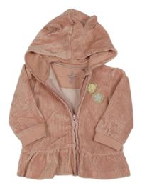 Růžová sametová žebrovaná propínací mikina s nášivkou a kapucí Mothercare