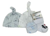 4set - Biela bavlnená čapica so zvířaty + bílo-modrá pruhovaná so slony + biele ponožky s nápisem + bílo-světlemodré pruhované rukavičky s medvěďom