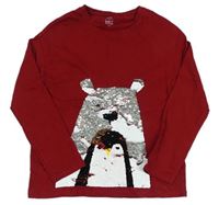 Tmavočervené tričko s medvěďom a tučňákem z překlápěcích flitrů Next