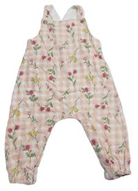 Ružovo-biele kockované bavlnené na traké nohavice s kvetmi Nutmeg