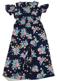 Tmavomodrý květovaný kalhotový culottes overal s páskem Matalan