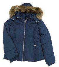 Tmavomodrá šusťáková zimní bunda s kapucí s kožešinou New Look