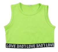 Neónově zeleno-čierny rebrovaný crop top s nápismi