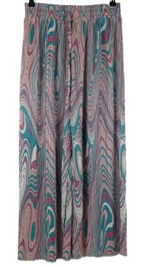 Dámské růžovo-tyrkysové vzorované plisované culottes kalhoty 