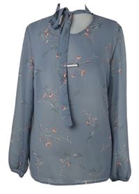 Dámská šedá květovaná šifonová halenka s vázačkou Qiero