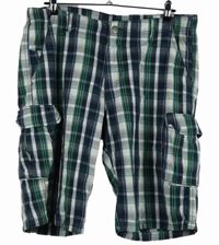 Pánske tmavomodro-bielo-zelené kockované plátenné kraťasy s vreckami