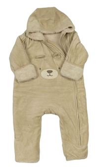 Béžová zamatová zateplená kombinéza s medvěďom a kapucňou H&M