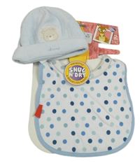 Nové - 2set - Světlemodrá sametová čepice s medvídkem + puntíkovaný bryndák