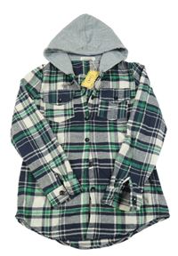 Nové - Tmavomodro-zeleno-bílá kostkovaná flanelová košile s kapucí 