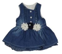 Tmavomodré rifľové šaty s tylovými květinami v pase