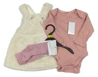 3set - Smetanové chlupaté šaty s čumákem + body + punčocháče Mothercare