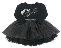 Černé bavlněno/tylové šaty s jednorožcem a flitry Tu