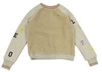 Béžovo-světlešedá huňato/tepláková mikina s písmeny na rukávech