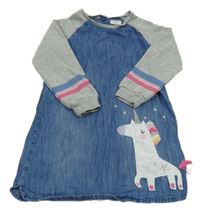 Modré rifľové šaty s teplákovymi rukávy a jednorožcom Next