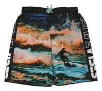 Čierno-ružovo-modré vzorované plážové kraťasy s nápisom H&M