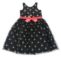 Čierne saténové šaty s labuťami  a sieťovinou H&M