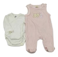 Nové - 2set - Bílé zavinovací body + růžové sametové dupačky se zvířátky 