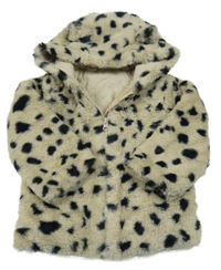 Béžovo-černý vzorovaný kožešinový zateplený kabát s kapucí Tu