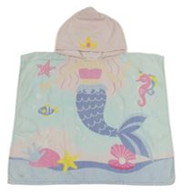 Světlemodro-svetloružové froté osuškové pončo s mořskou pannou a kapucňou