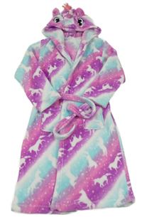 Růžovo-modro-bílý vzorovaný chlupatý župan s jednorožci a kapucí