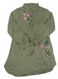 Khaki košilové šaty s růžemi a motýlkem a ptáčkem a páskem H&M
