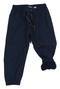 Tmavomodré cuff plátenné podšité nohavice s úpletovým pasom lupilu