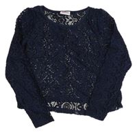 Tmavomodré krajkové slavnostní průsvitné crop triko YIGGA