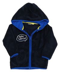 Tmavomodrá plyšová bunda s nápismi a kapucňou lupilu