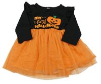 Čierno-oranžové šaty s tekvicou a nápismi a volánikmi a tylem SHEIN