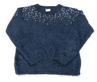 Tmavomodrý chlpatý sveter s flitrami POCOPIANO