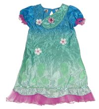 Kockovaným - Zeleno-modro-tmavoružové saténové šaty s broží a volánky - Trolls George