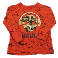 Červeno-černé skvrnité melírované triko s lebkou a sluchátky z překlápěcích flitrů Next