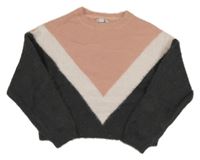 Pudrovo-svetloružová -tmavosivý chlpatý oversize crop sveter PRIMARK