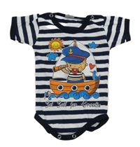 Bílo-tmavomodré pruhované body s námořníčkem a lodí