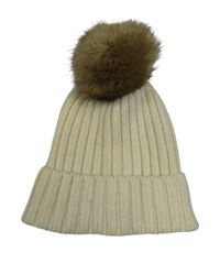 Krémová žebrovaná vlněná čepice s bambulí H&M